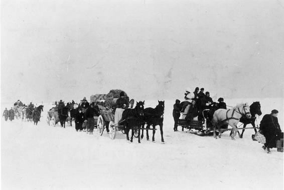  Беженцы на конных повозках движутся на запад. Восточная Пруссия, 1945 год