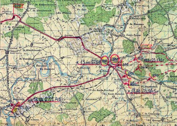 Карта с маршрутом движения к Фридланду 852-го стрелкового полка 277-ой Рославльской Краснознамённой стрелковой дивизии 