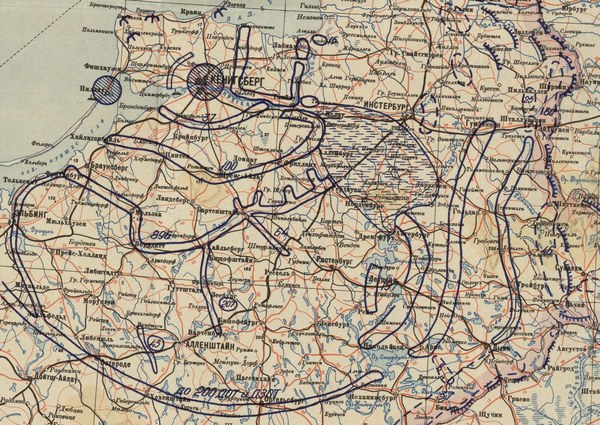 Фрагмент карты Восточной Пруссии с выявленными разведкой укрепрайонами, крепостями, фортификационными линиями и районами затопления