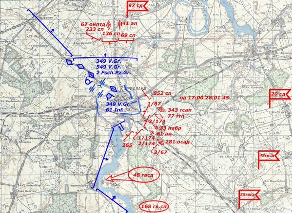 28 января – отвод частей 97-й Краснознамённой стрелковой дивизии, боевые действия 20-ой в районе Штадиенберг и ГЭС, попытки 48-ая гвардейской Краснознамённой стрелковой дивизии захватить плацдарм южнее Фридланда