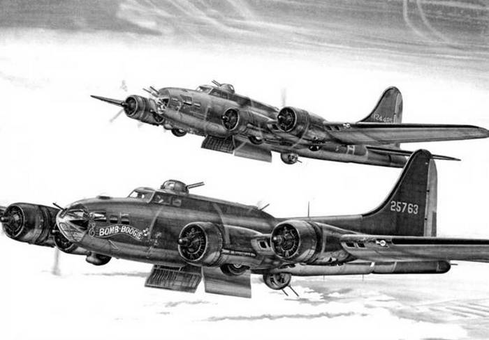 B-17F-15-VE «Bomb boogie» и B-17F-W-BO «Memphis Belle» после сброса бомб на Вильгельмсхавен 