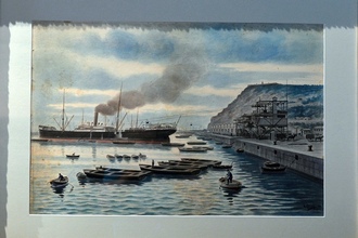 Акварель «Утренний вид портового района Молл-де-Сан-Бертран», А. Казальс, 1912 год, Морской музей Барселоны
