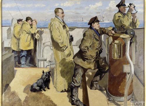Керн-терьер на мостике эсминца HMS Canterbury. Картина Филипа Коннарда «Рейд в день Святого Георгия» (23 апреля 1918 г.)