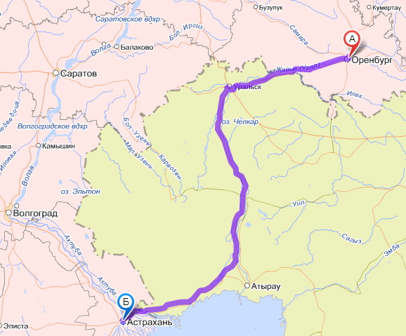 Карта маршрута Оренбург-Астрахань (через Казахастан)